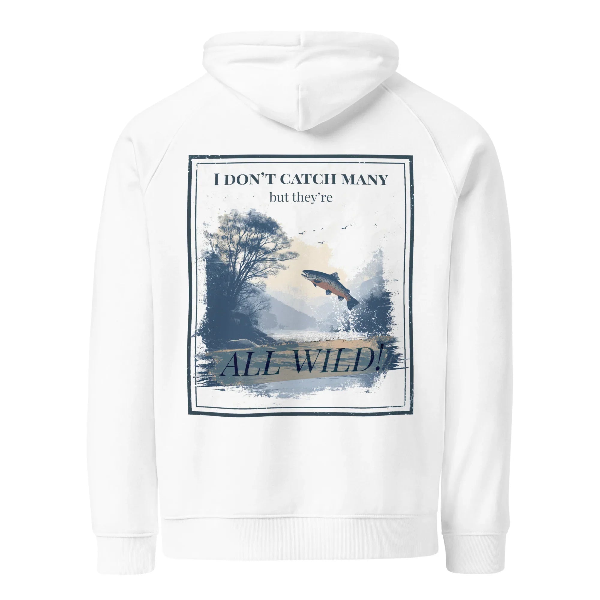 White hoodie with centered back rectangular nature graphic and hood