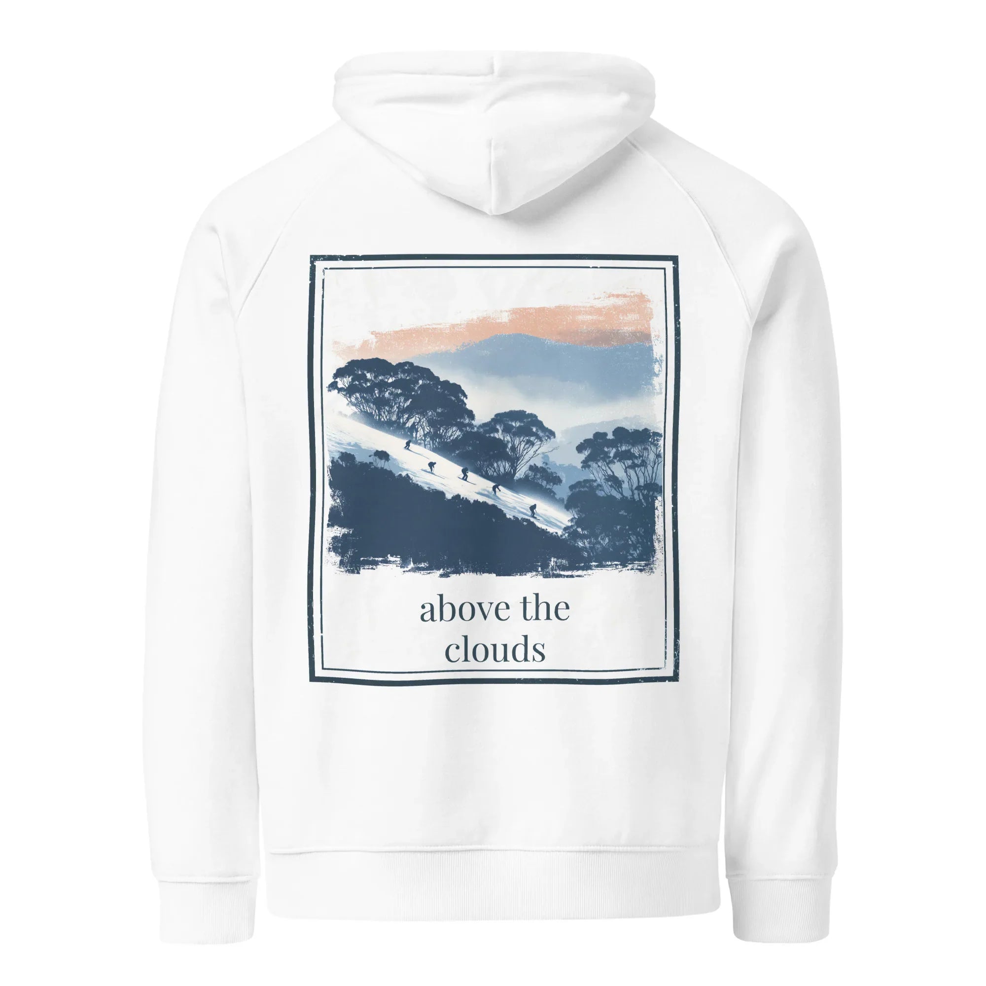 White hoodie with hood and large back square graphic print, 'above the clouds'.