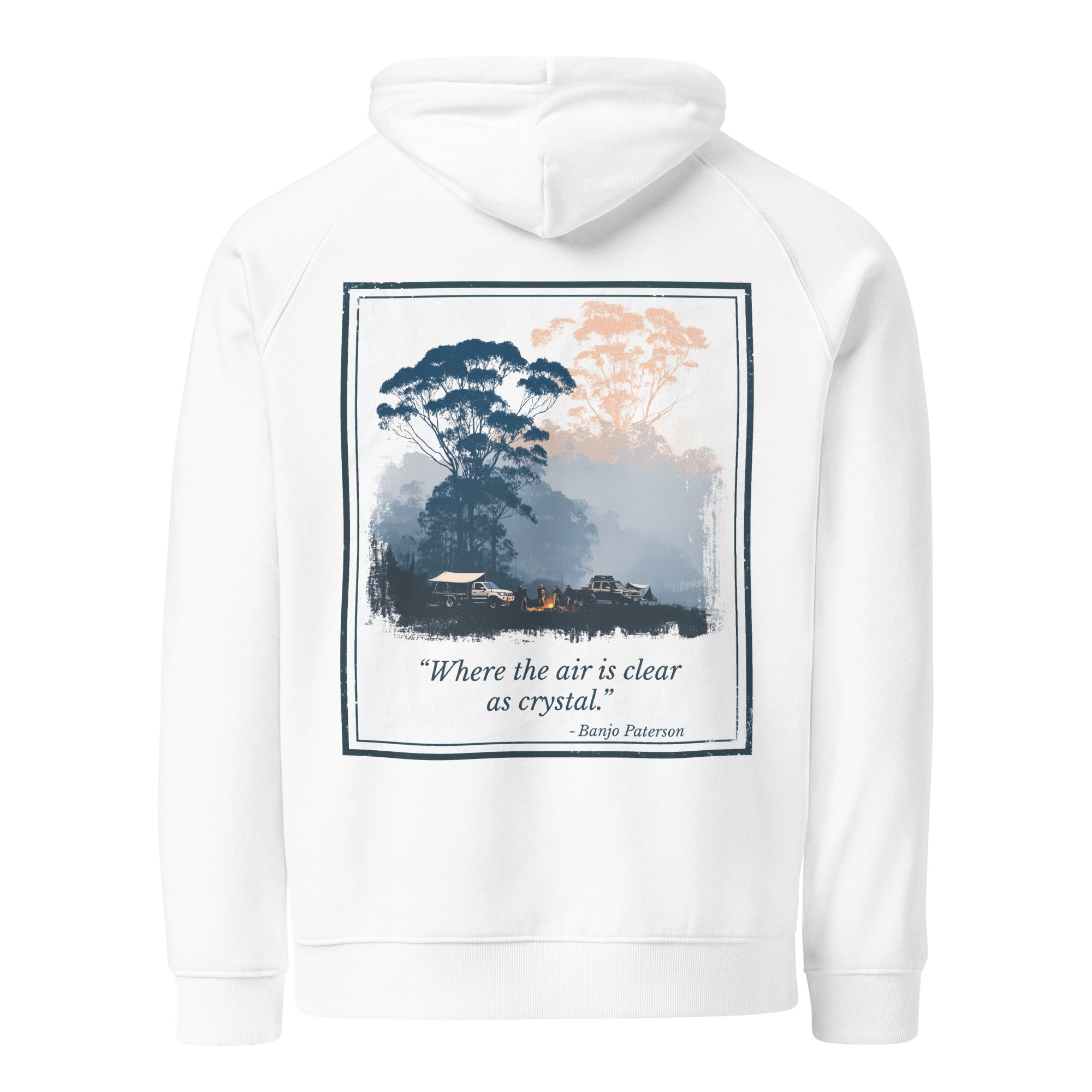 White eco hoodie with hood and large back graphic print with quote