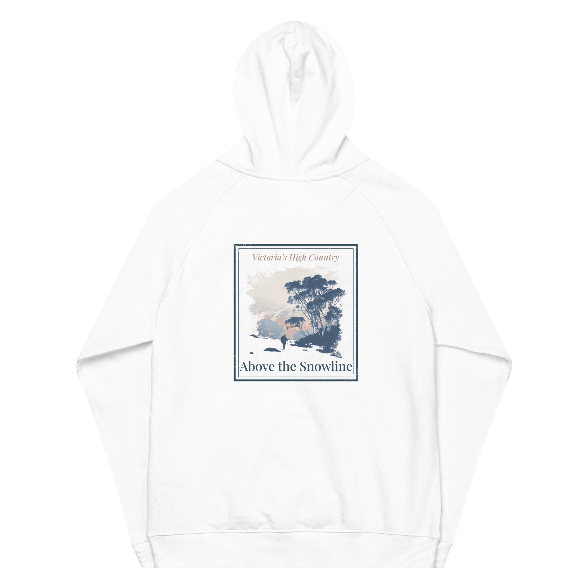 White pullover hoodie with back graphic print and hood, kangaroo pocket
