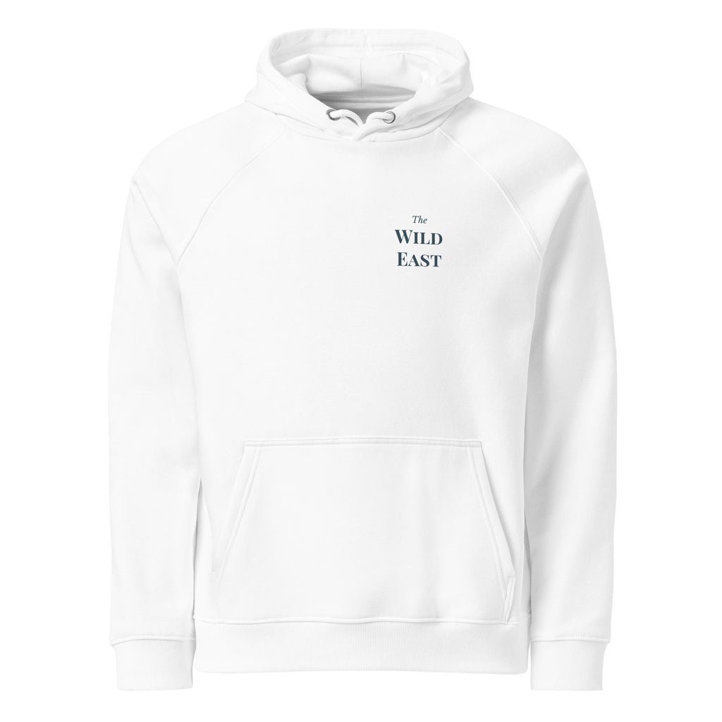 White eco hoodie with hood, drawstrings, kangaroo pocket, and chest logo text