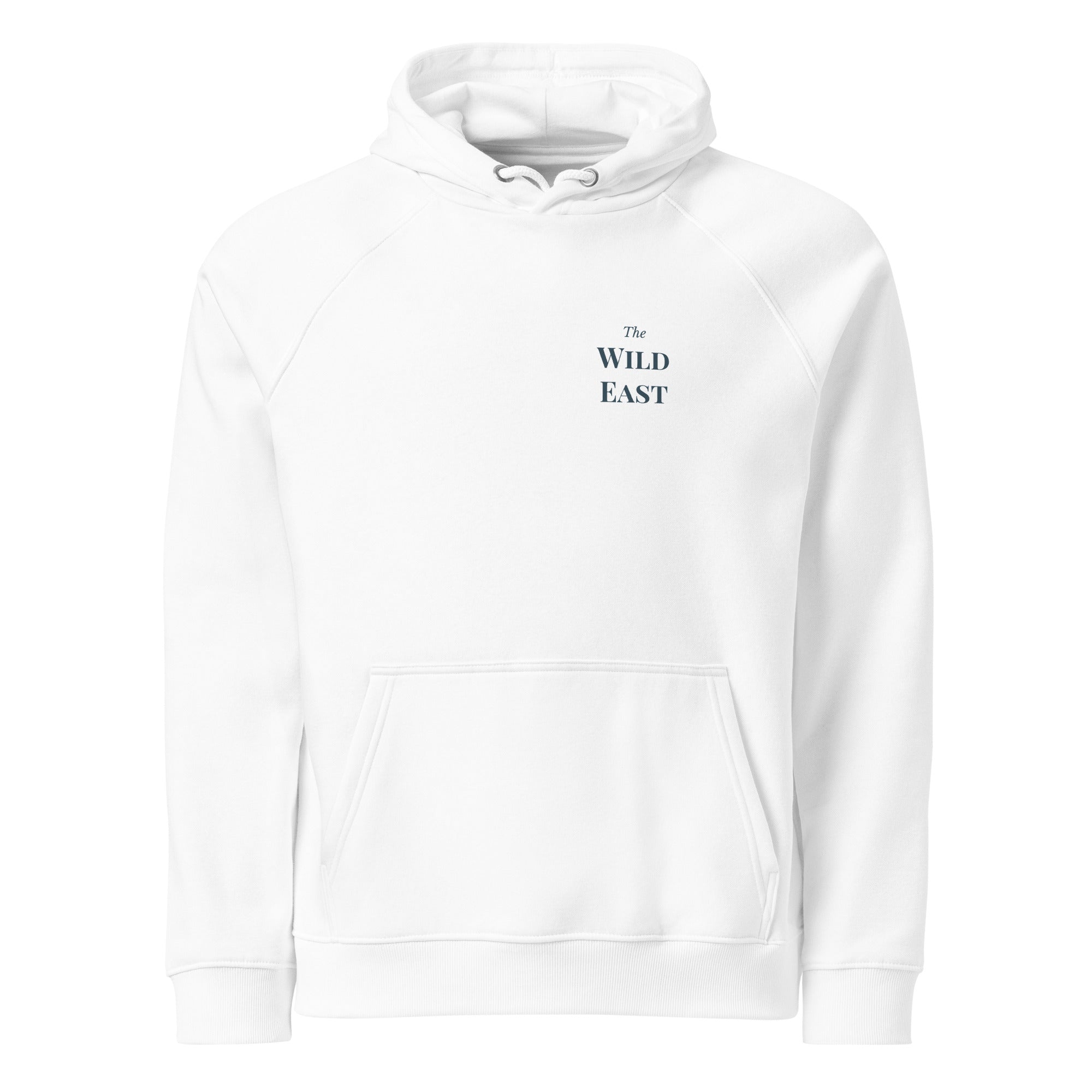 White hoodie with hood, drawstrings, kangaroo pocket, and 'The Wild East' chest print