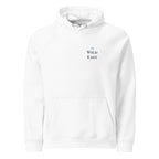 White eco hoodie with hood, front pouch pocket, and 'The Wild East' chest print