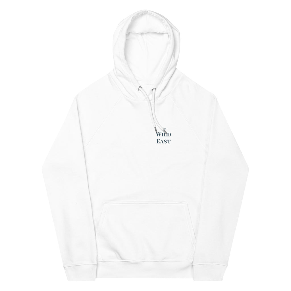 White hoodie with hood, drawstrings, kangaroo pocket, and 'Wild East' chest print