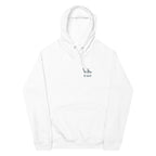 White hooded sweatshirt with drawstring hood, kangaroo pocket, and chest logo
