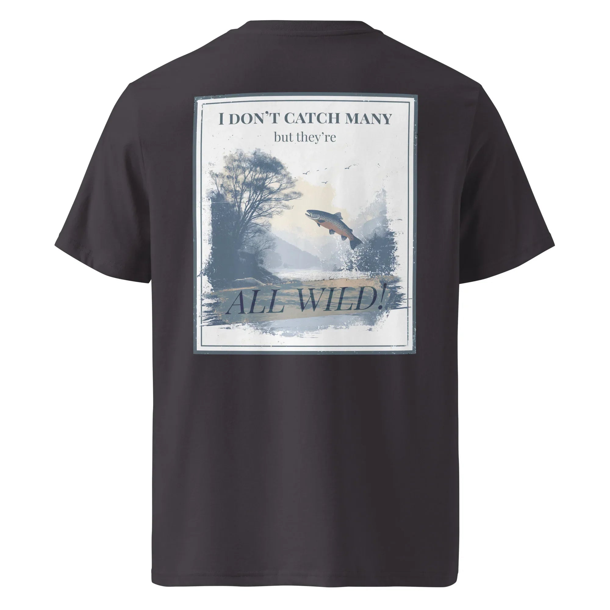 Dunkelgraues T-Shirt mit Rücken-Print „ALL WILD“ und Delfinmotiv