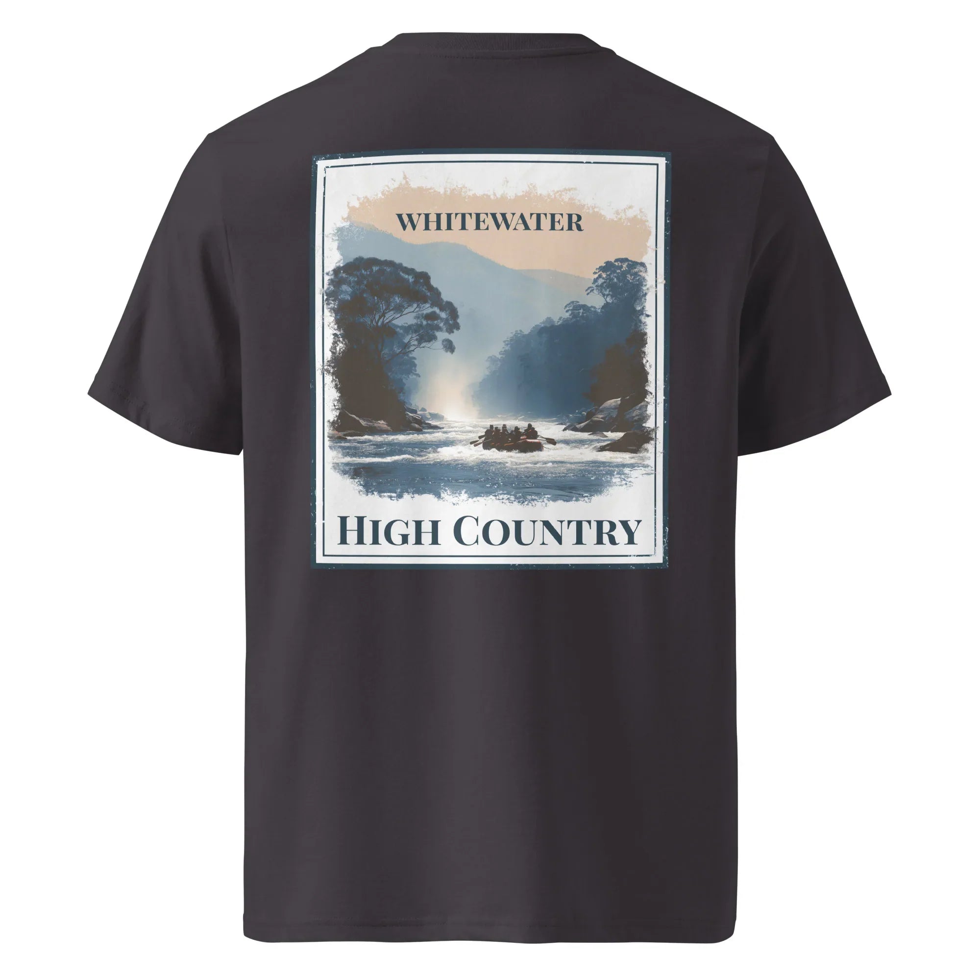 Dark gray organic T-shirt, back graphic "WHITEWATER" and "HIGH COUNTRY"