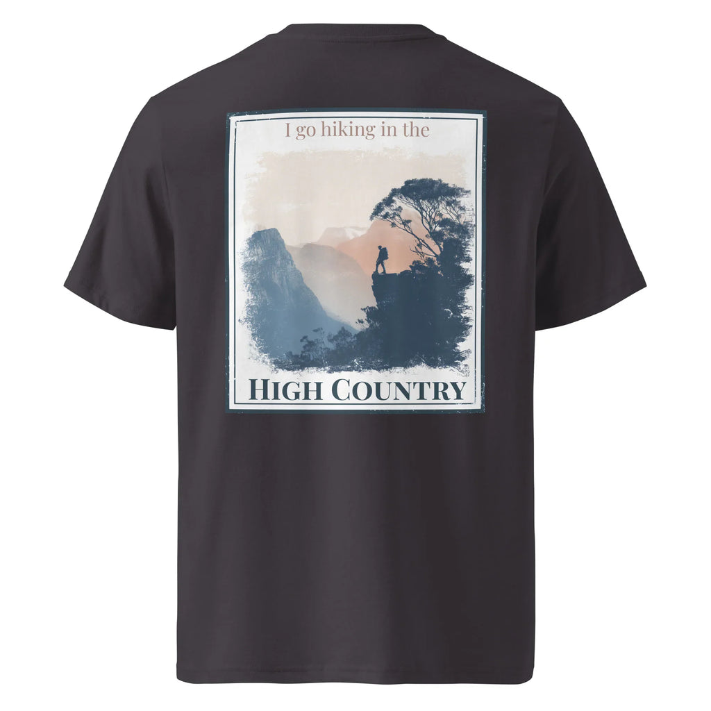 Black organic tee with back hiking landscape graphic and “HIGH COUNTRY” text