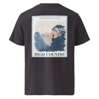 Black organic tee with back hiking landscape graphic and “HIGH COUNTRY” text