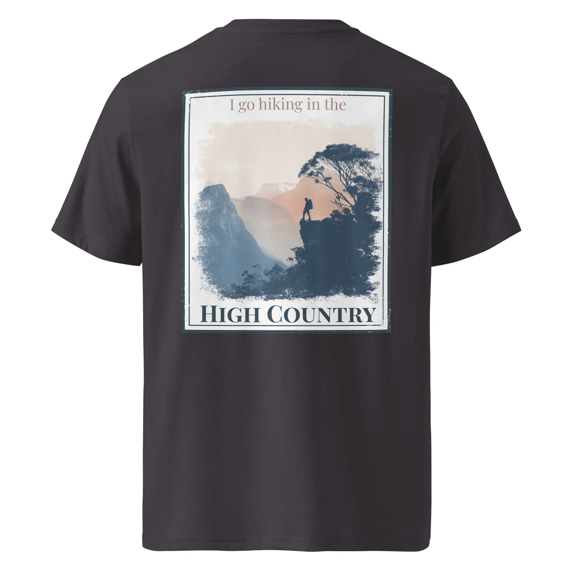 Black organic tee with back hiking landscape graphic and “HIGH COUNTRY” text
