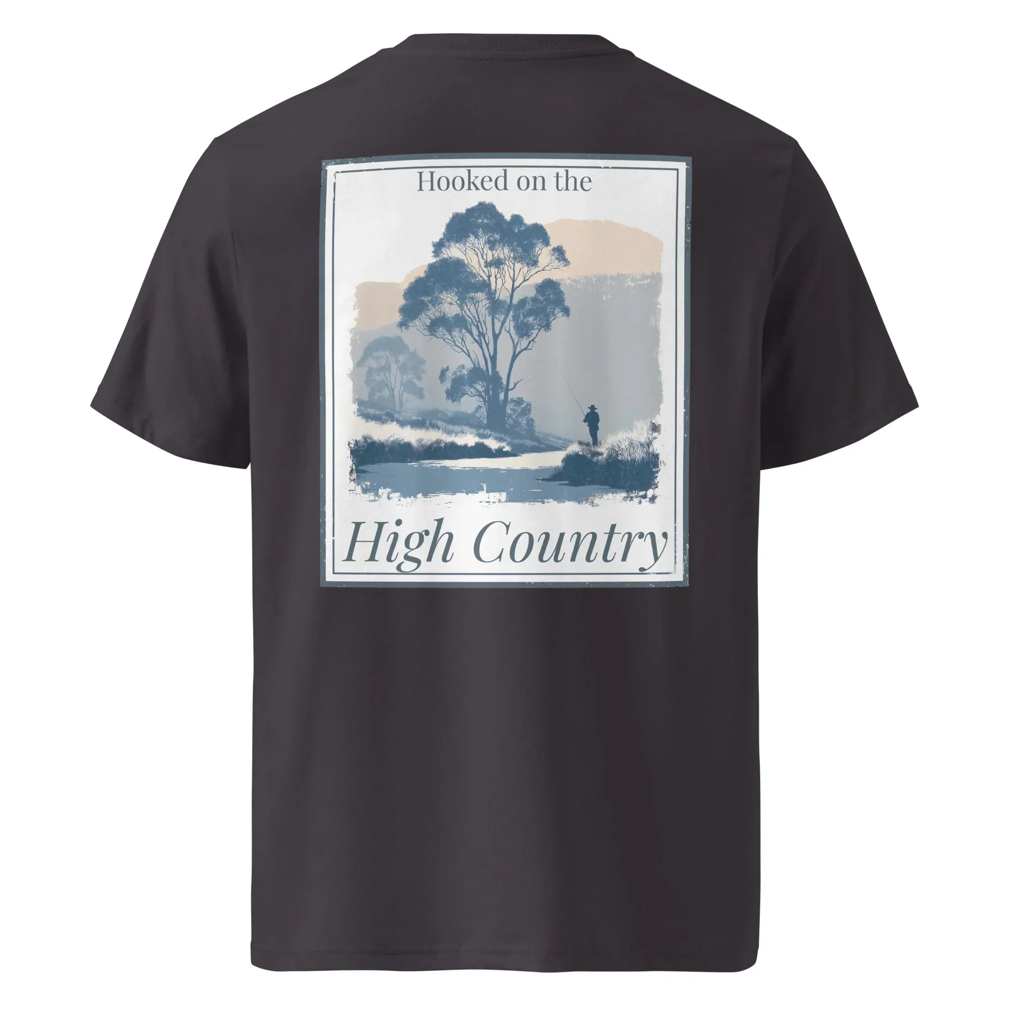 Organic Tee, dunkel melierter Stoff, Rückenprint „High Country“