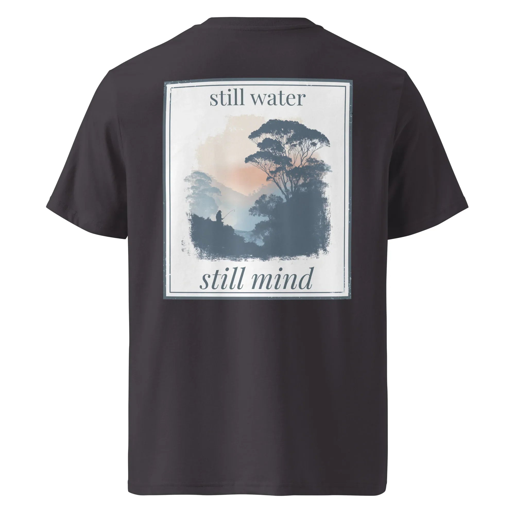 Black Organic Tee back graphic 'still water' and 'still mind'