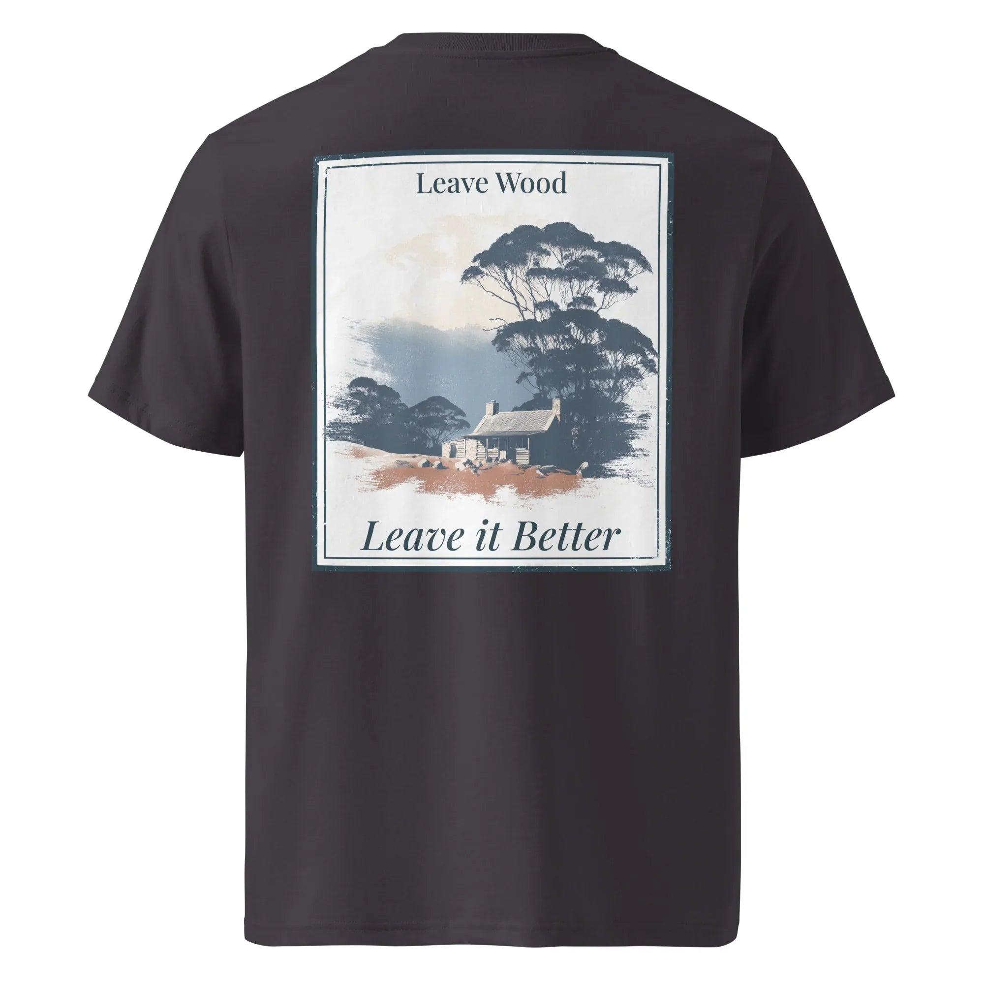 Dark organic tee, back graphic print “Leave Wood / Leave it Better”
