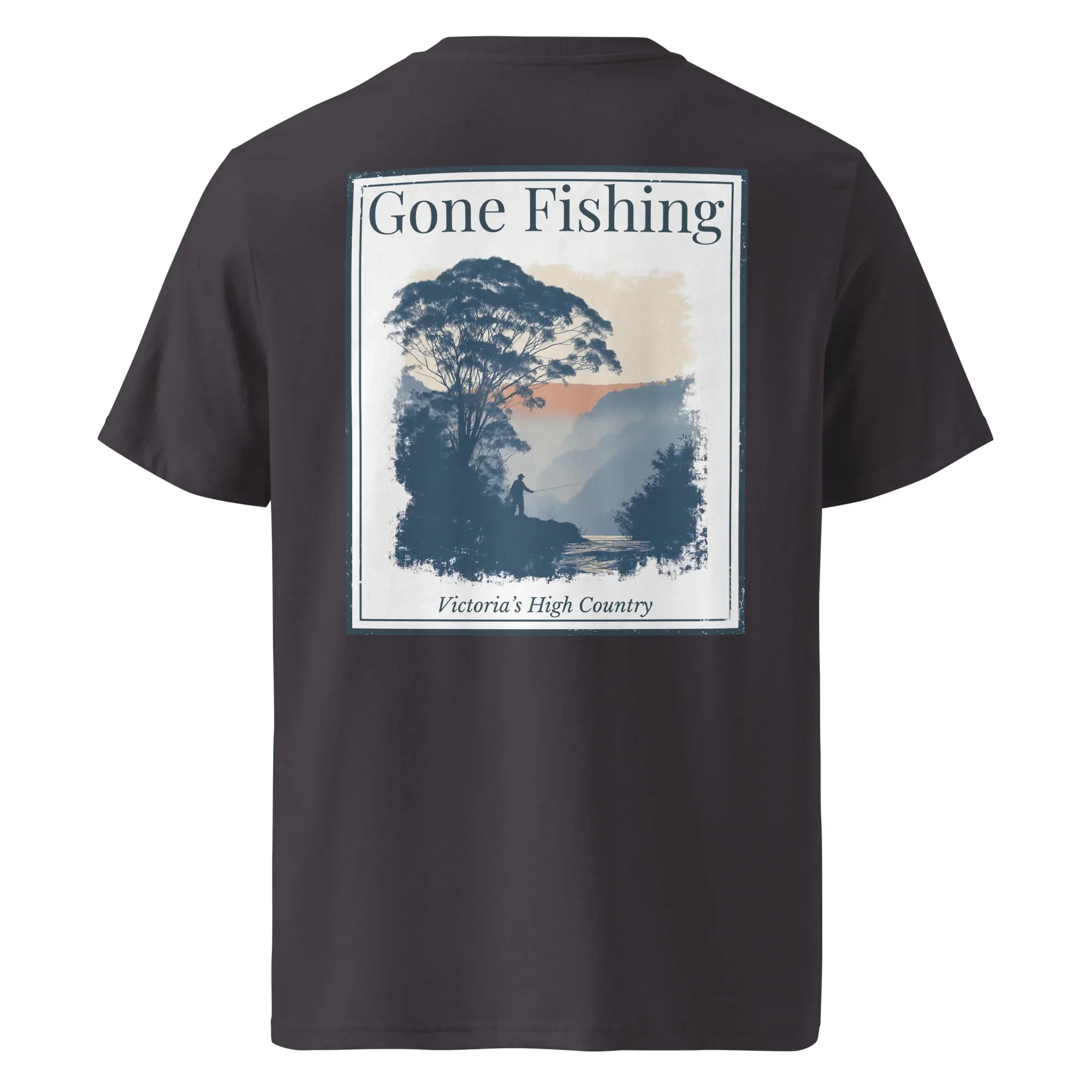 Gone Fishing organic tee, dark grey—back graphic print