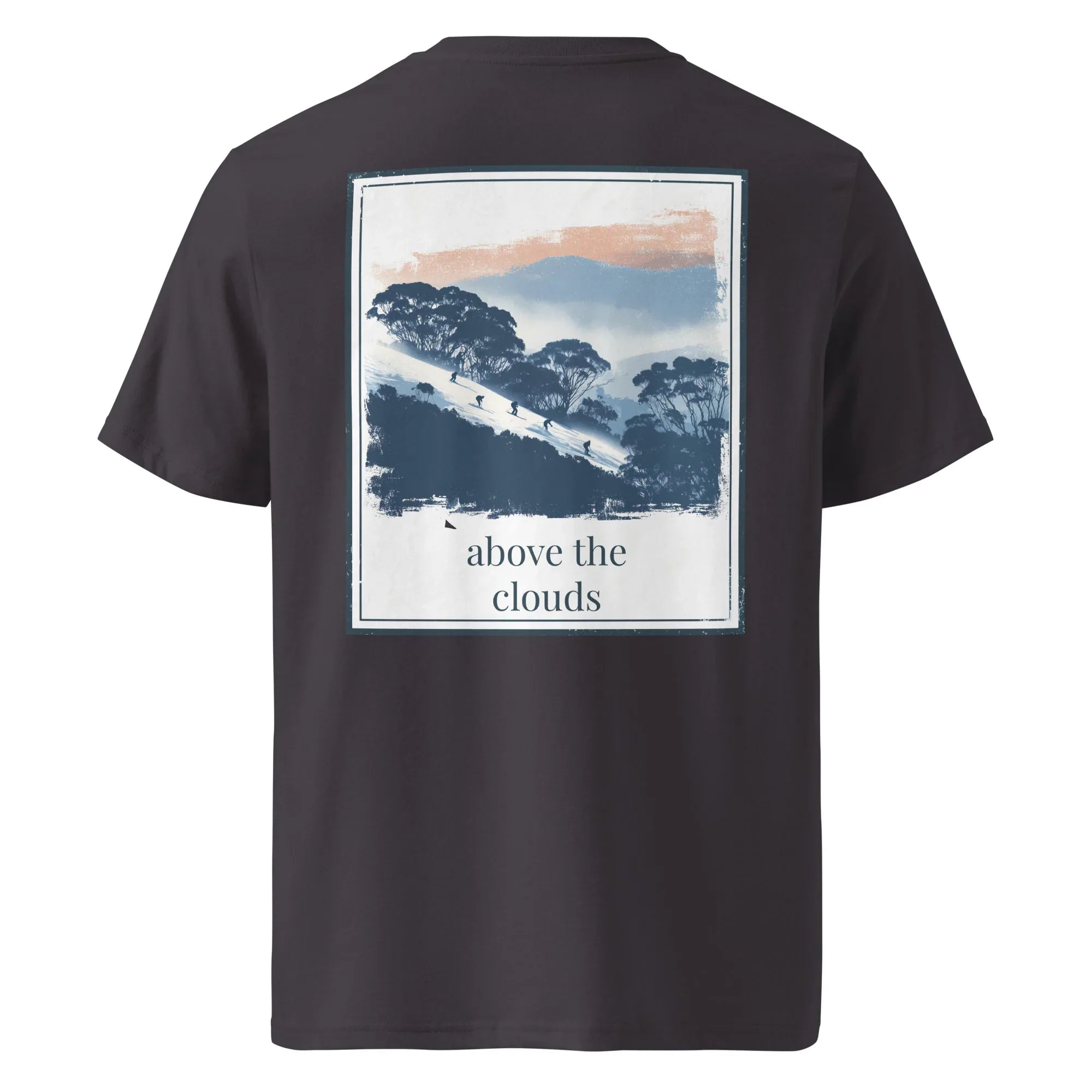 Dark organic tee, back graphic of mountains with text “above the clouds”