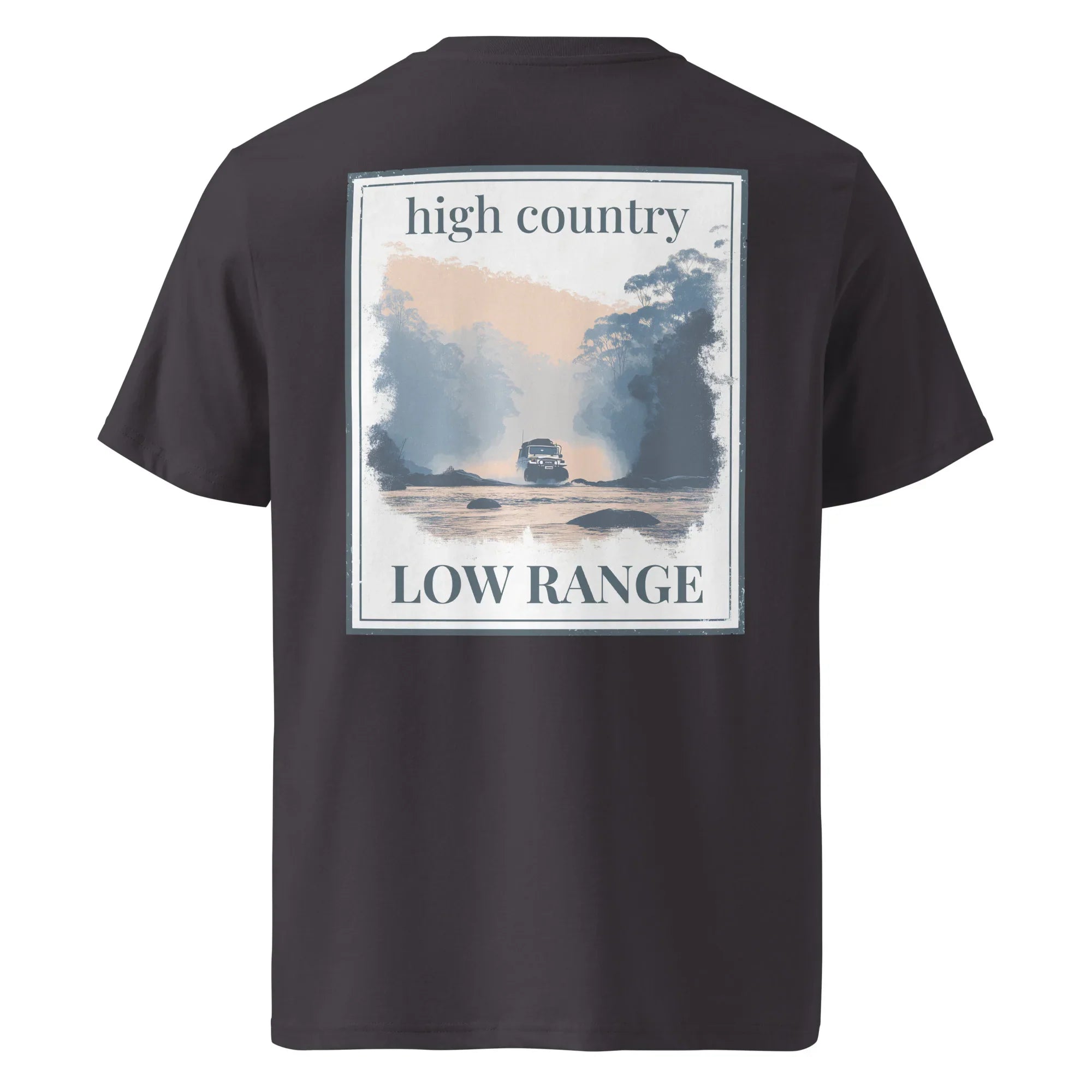 Tee back graphic with “high country” and “LOW RANGE” on black shirt