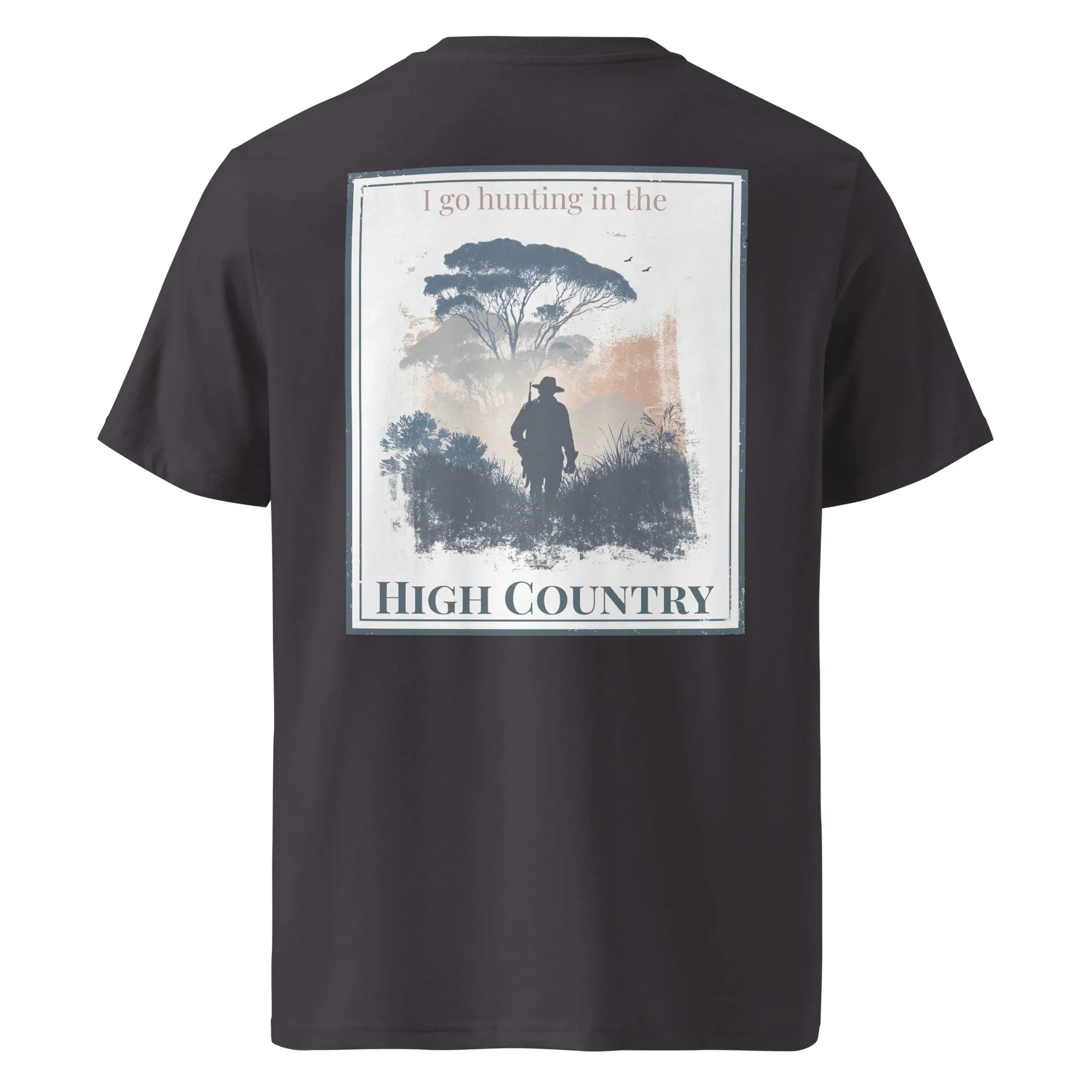 Dark organic tee—back graphic with hunter silhouette and “HIGH COUNTRY” text