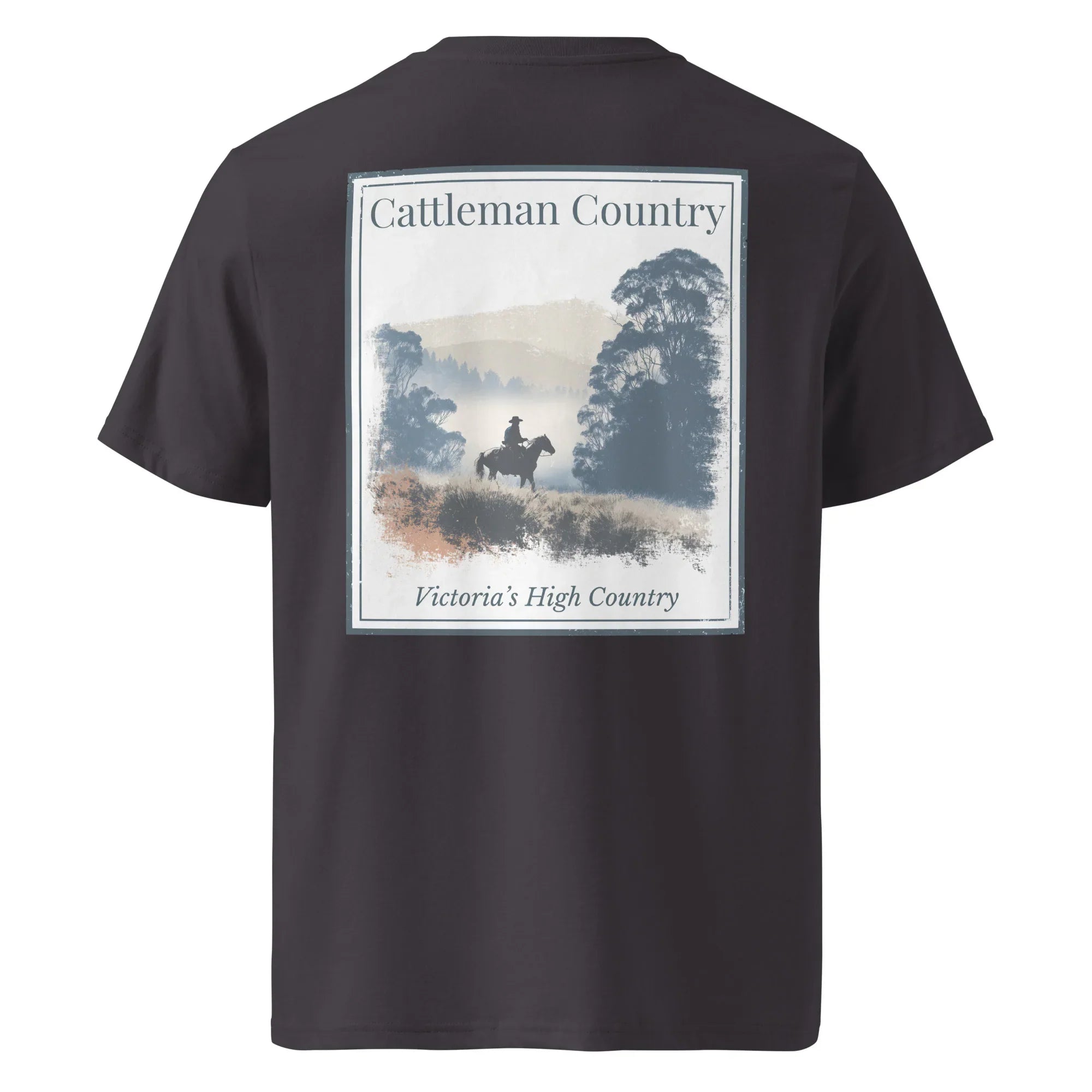 Organic Tee Rückseite, dunkelgrau, „Cattleman Country“ Print mit Pferd