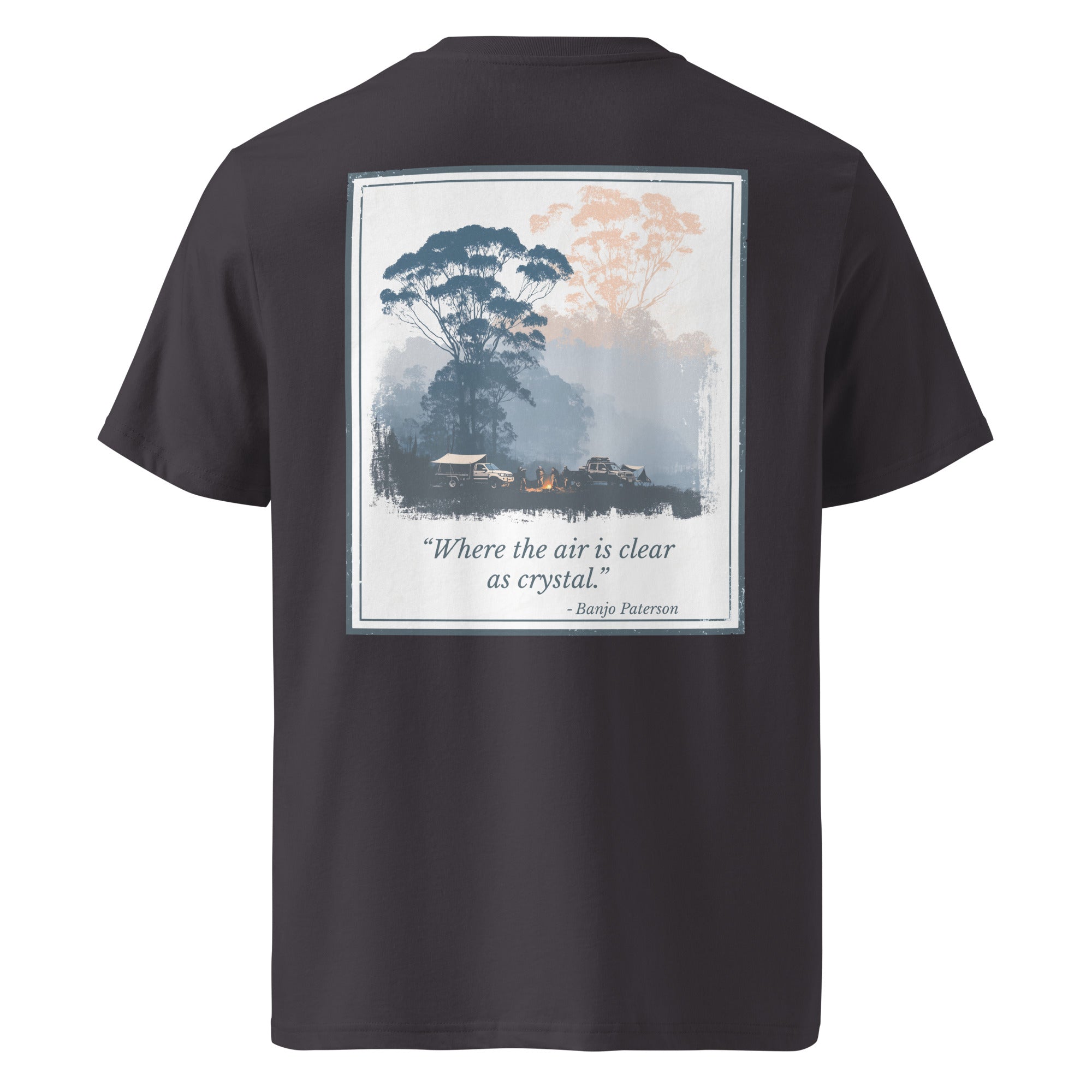 Organic tee, back view, framed landscape graphic, dark gray