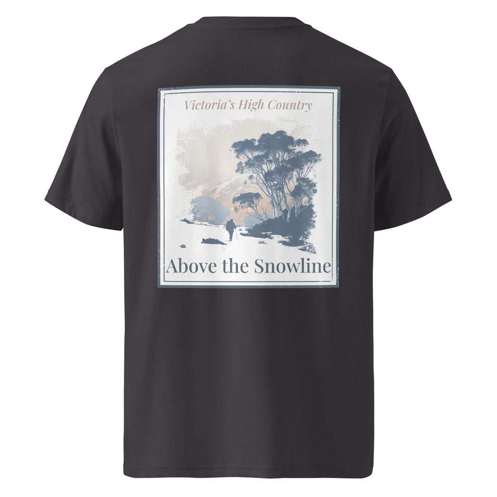 Anthracite organic tee, back print with scenic “Above the Snowline” graphic