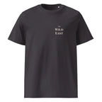 Dark gray T-shirt front, small “The WILD EAST” logo print at chest