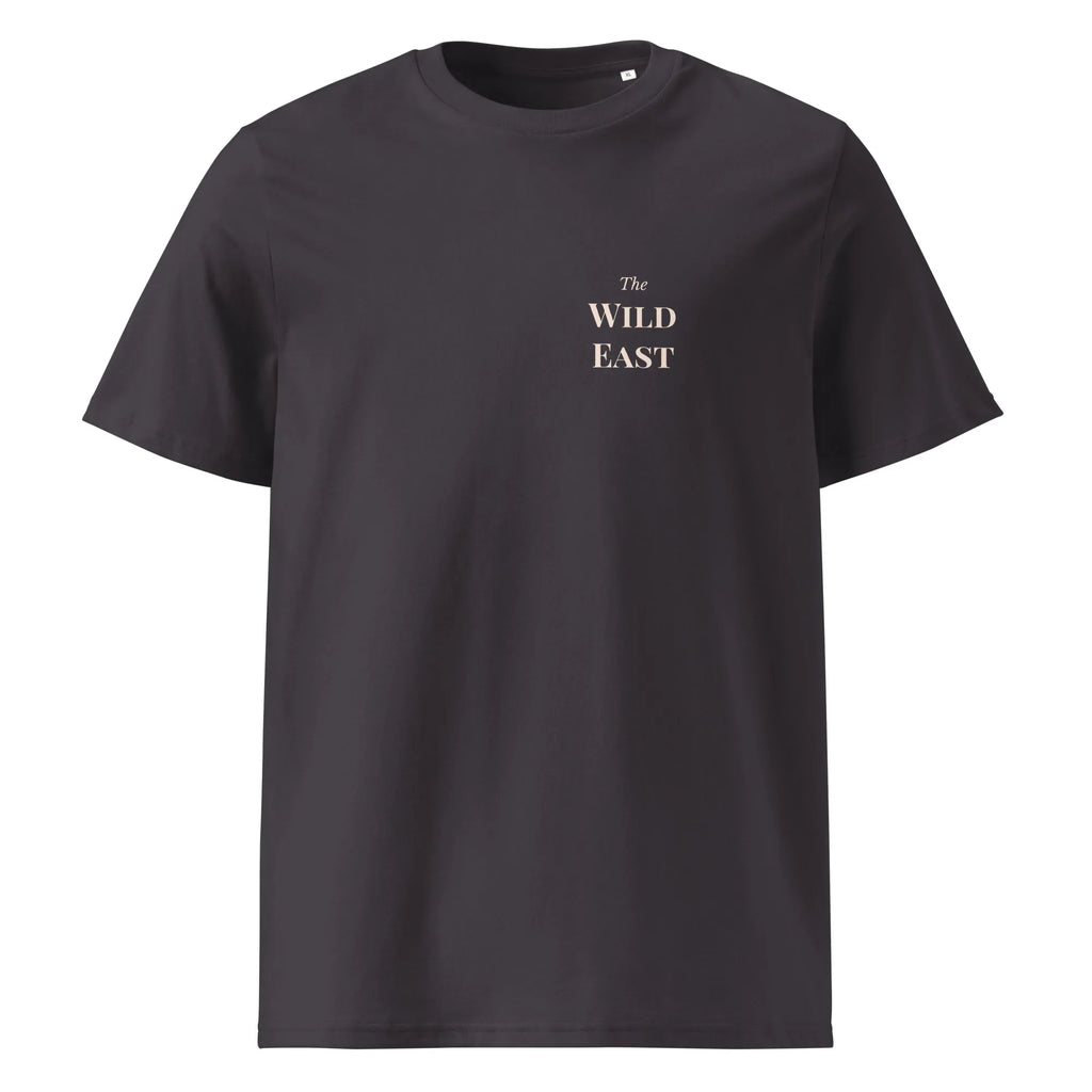 Organic Tee Dark Heather Grey Vorderseite mit „The Wild East“-Schriftzug