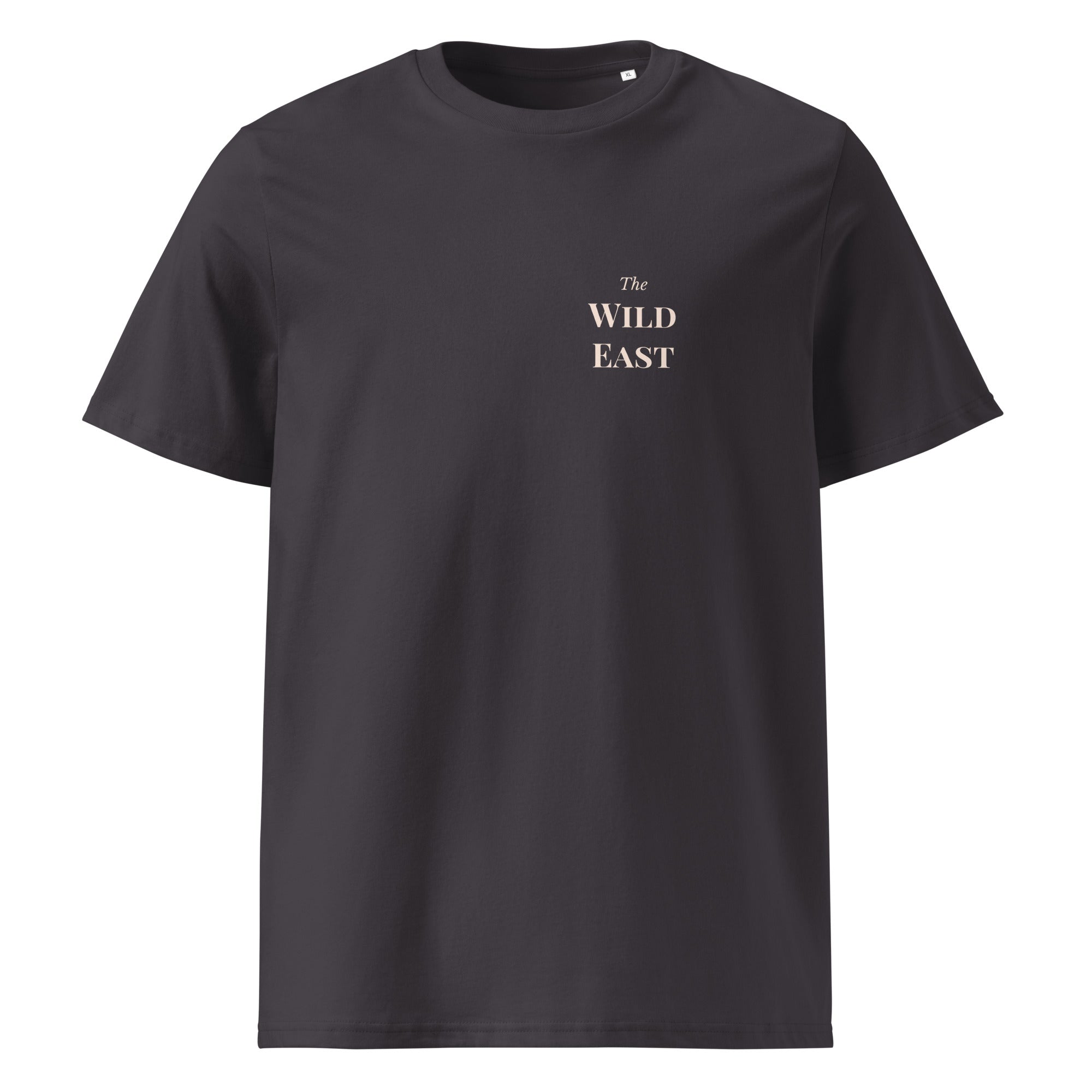 Anthracite organic tee, front small “The Wild East” text logo