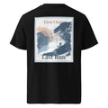 Black tee with large back graphic print, “First Chair / Last Run”