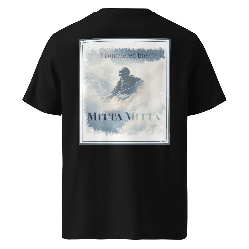 Organic Tee, black back graphic with rider and 'Mitta Mitta' text