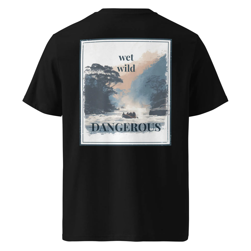 Black organic tee, back view with square “wet wild” “DANGEROUS” print