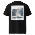 Black organic tee, back view with square “wet wild” “DANGEROUS” print