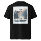 Black organic tee, back view with square “wet wild” “DANGEROUS” print