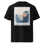 Black T-shirt with “High Country” hiking graphic on the back