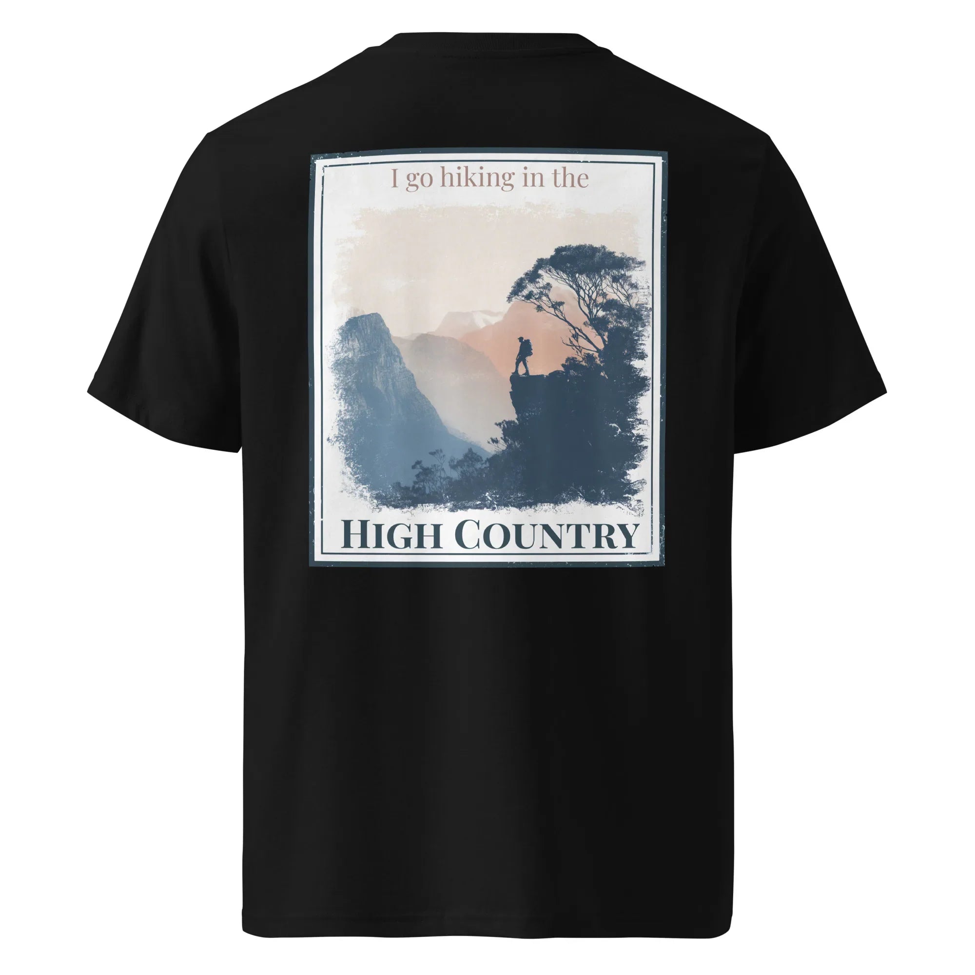 Black T-shirt with “High Country” hiking graphic on the back