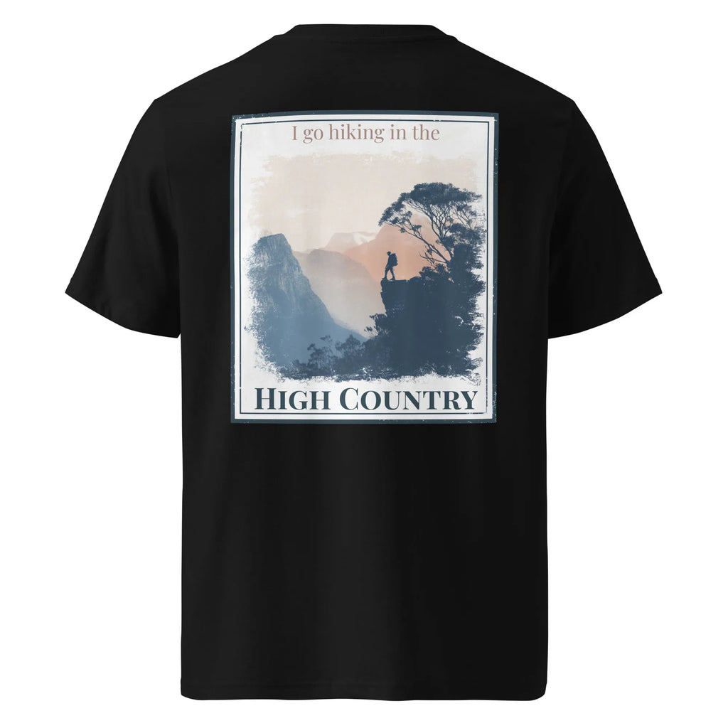 Black T-shirt with 'HIGH COUNTRY' back hiking graphic
