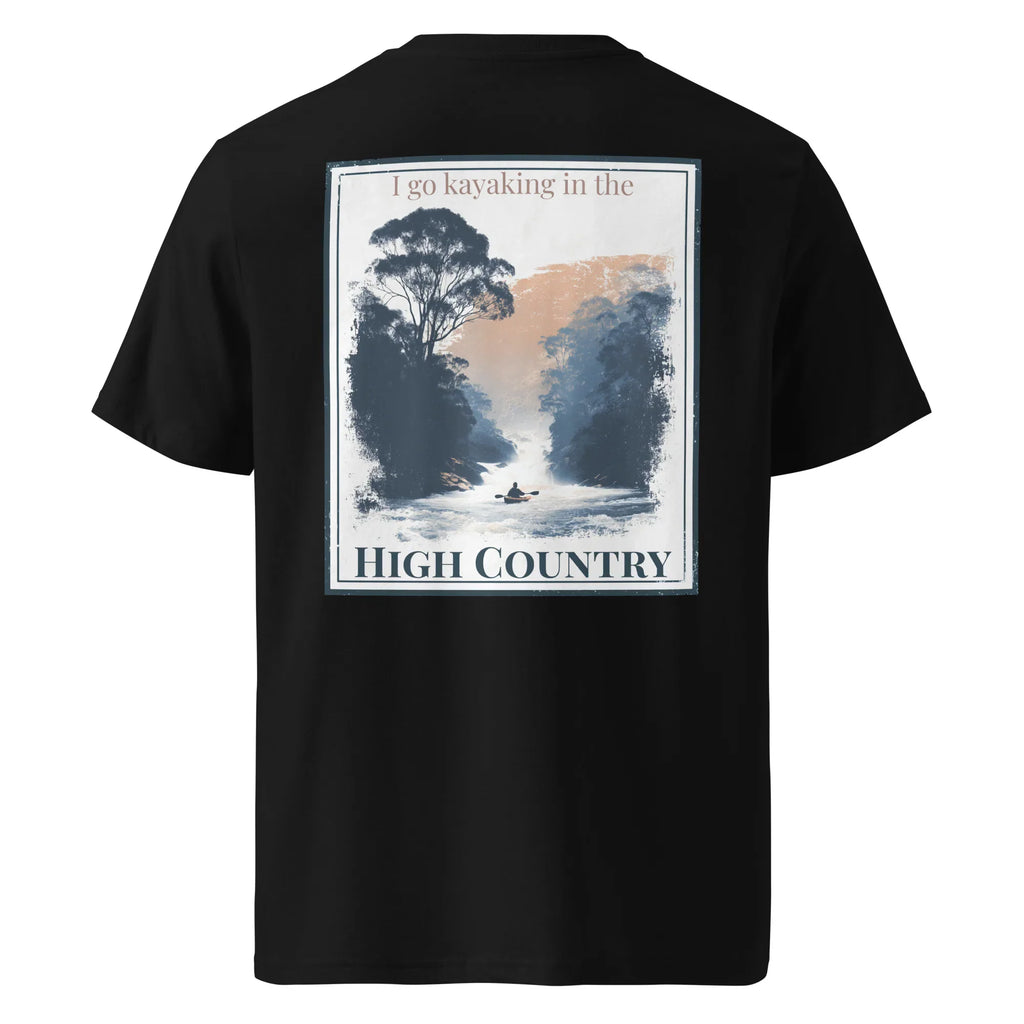 Black organic tee, back graphic with kayak scene and 'HIGH COUNTRY'