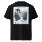 Black organic tee, back graphic with kayak scene and 'HIGH COUNTRY'