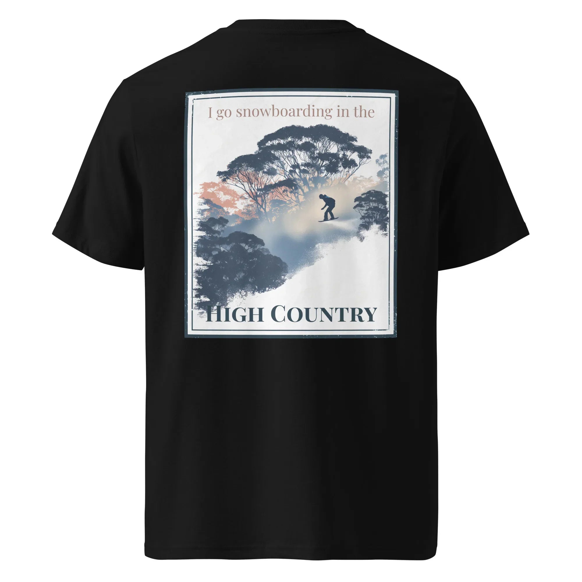 Black organic tee with back 'High Country' snowboard graphic