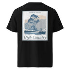 Black organic tee with back “High Country” landscape graphic and “Hooked on the” text