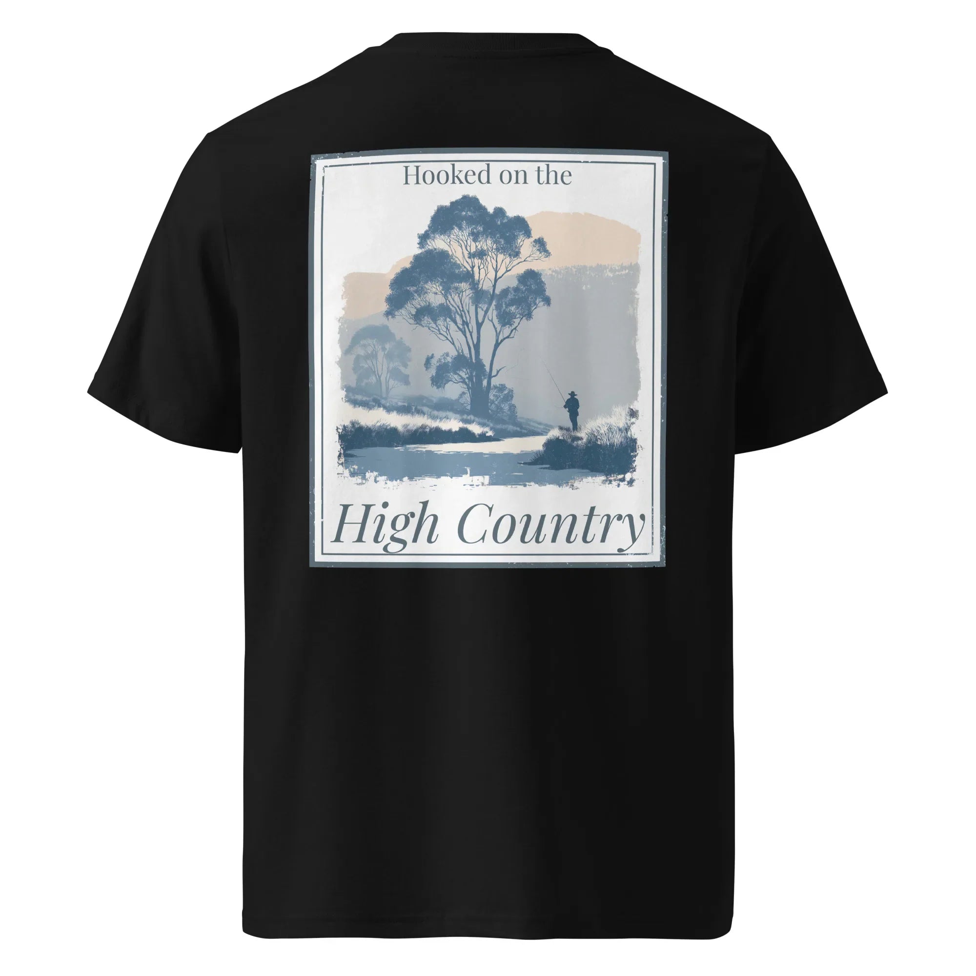 Black organic tee with back “High Country” landscape graphic and “Hooked on the” text