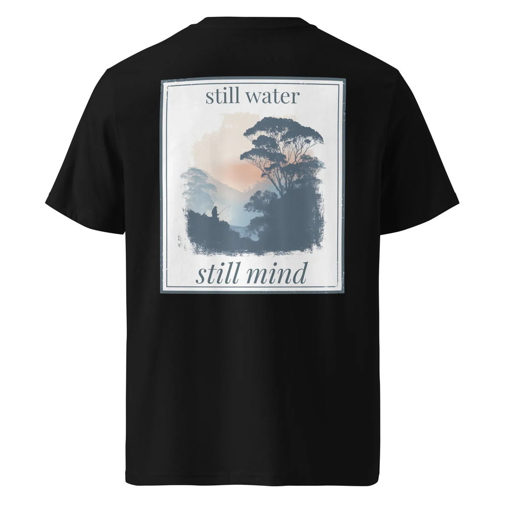 Organic T-shirt, black, back graphic "still water still mind" framed