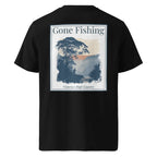 Schwarzes T-Shirt mit „Gone Fishing“-Druck auf dem Rücken