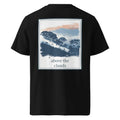 Black organic tee with back square landscape graphic and “above the clouds”