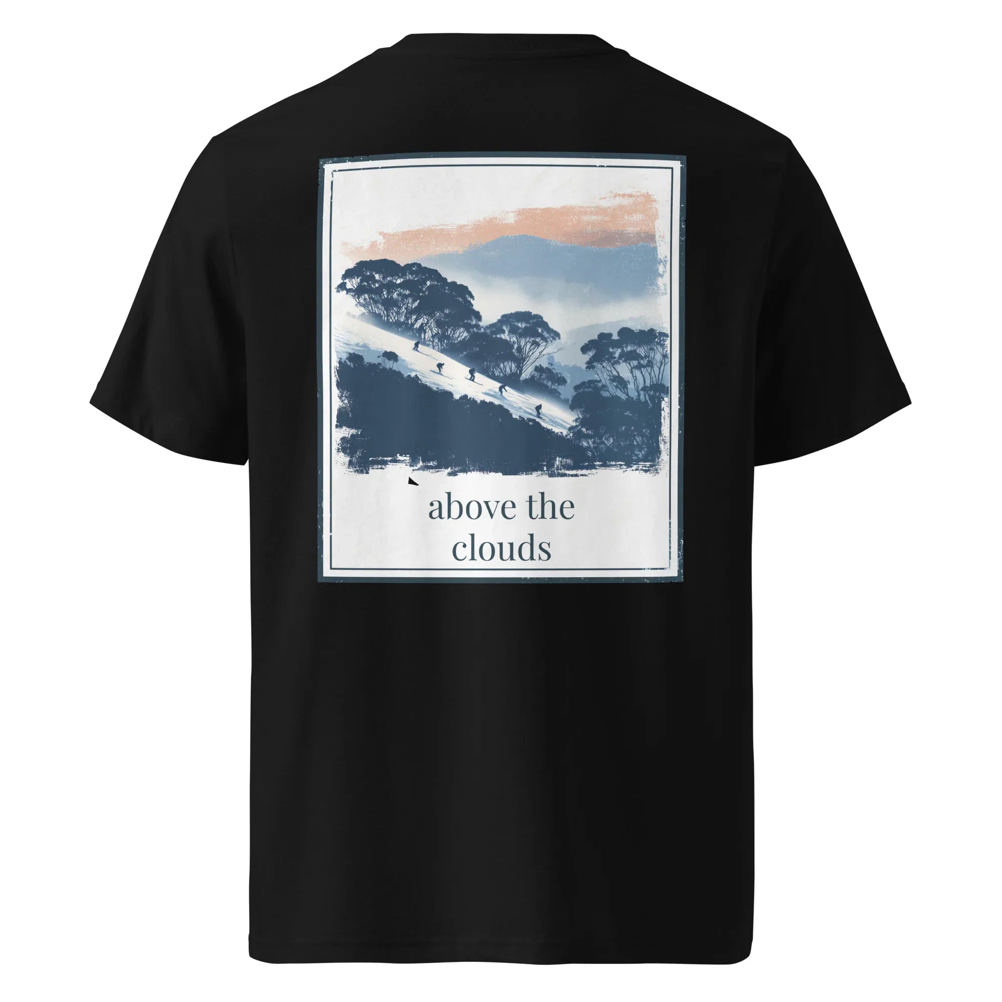 Black organic tee with back square landscape graphic and “above the clouds”