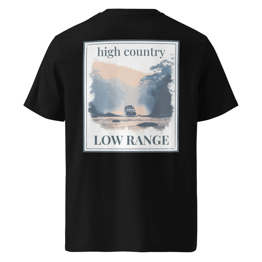 Organic Tee in Black, back print with “high country” and “LOW RANGE”