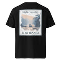 Organic Tee in Black, back print with “high country” and “LOW RANGE”