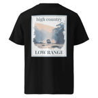 Organic Tee in Black, back print with “high country” and “LOW RANGE”
