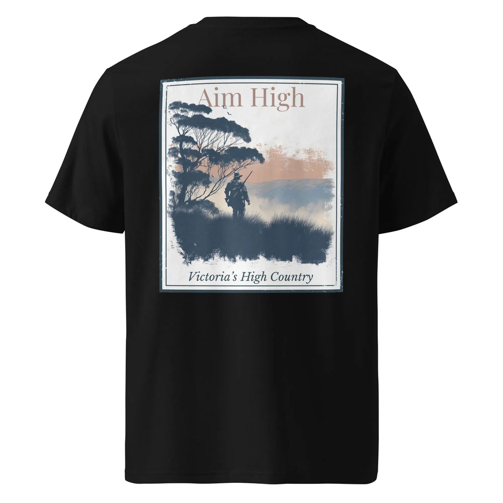 Aim High T-shirt back, black with large rectangular landscape graphic print