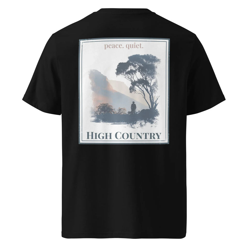 Black organic tee, back “peace quiet” with “High Country” landscape print