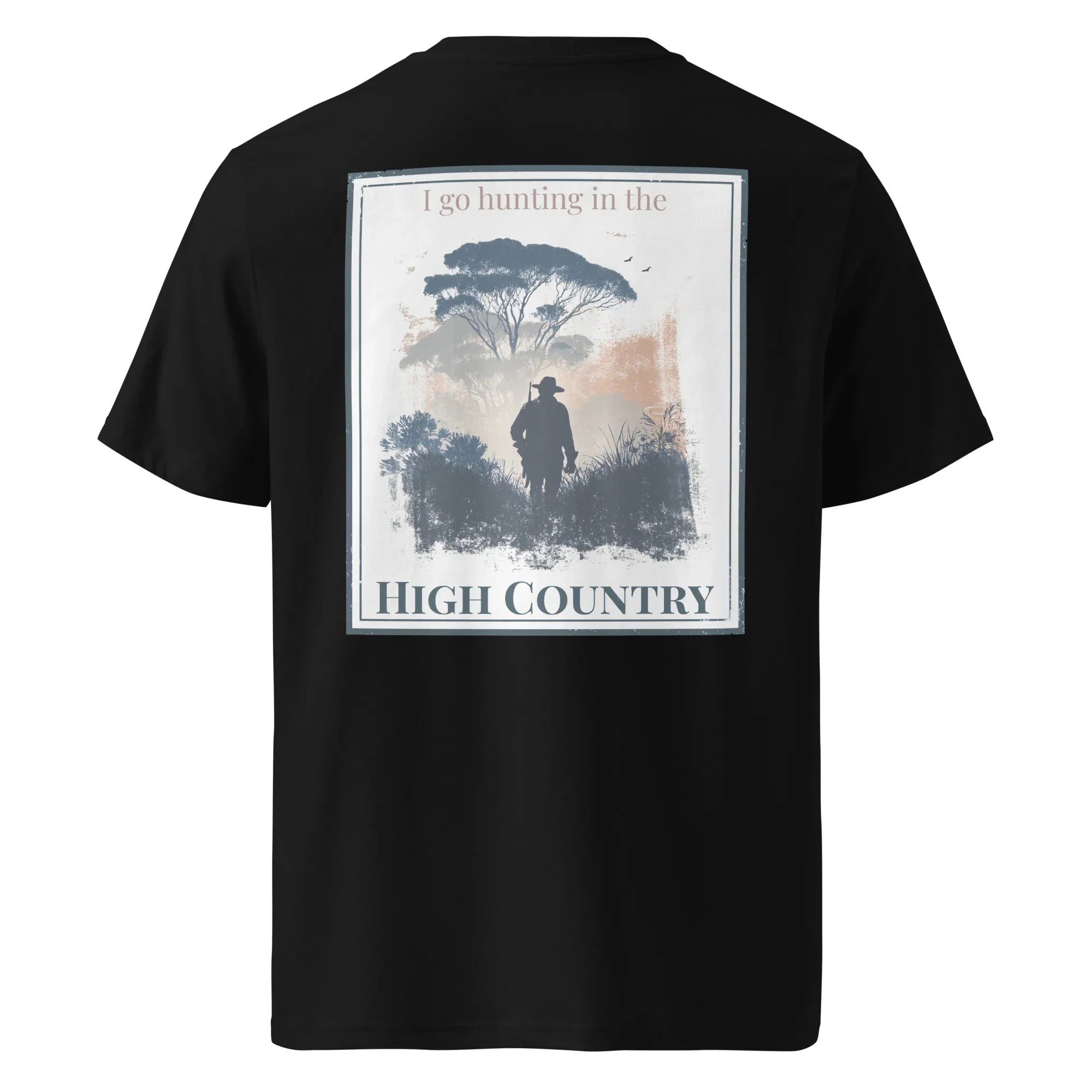 T-shirt noir avec imprimé dorsal “High Country” et silhouette de chasseur